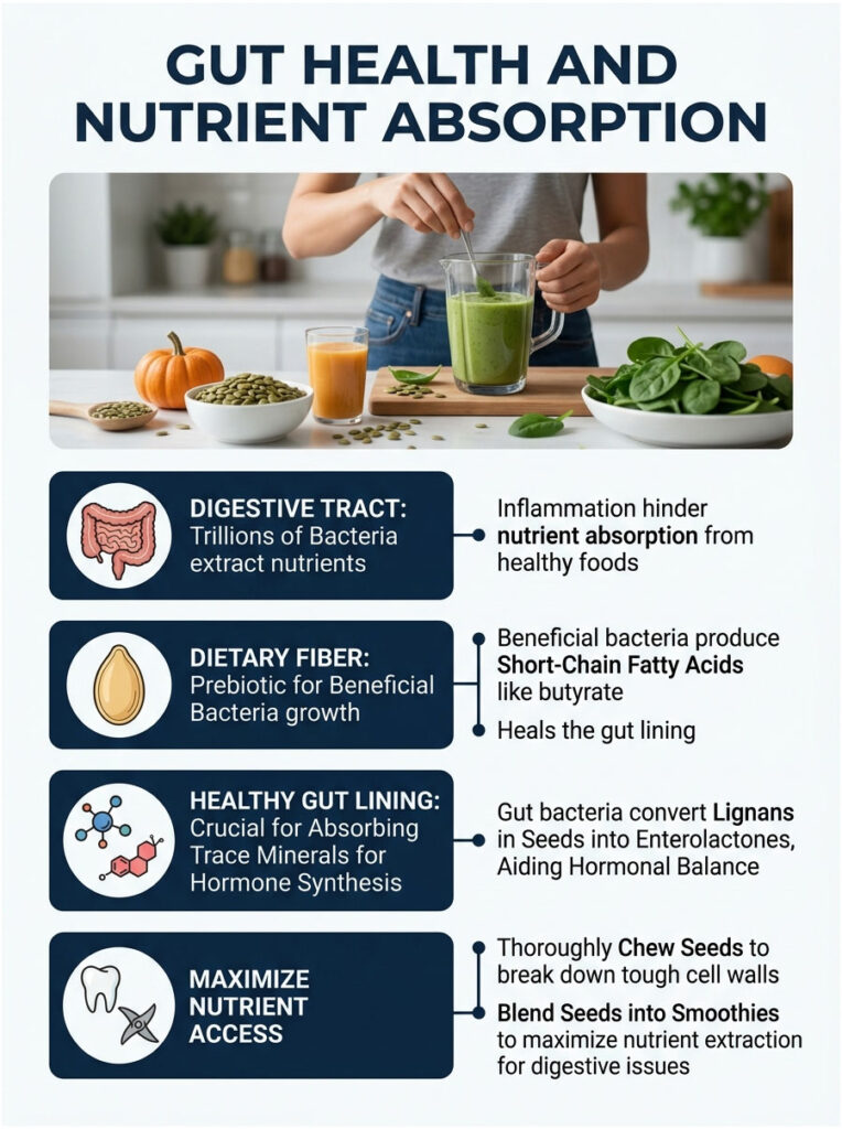 Infographic on gut health and nutrient absorption with text on digestive tract, dietary fiber, and healthy gut lining.