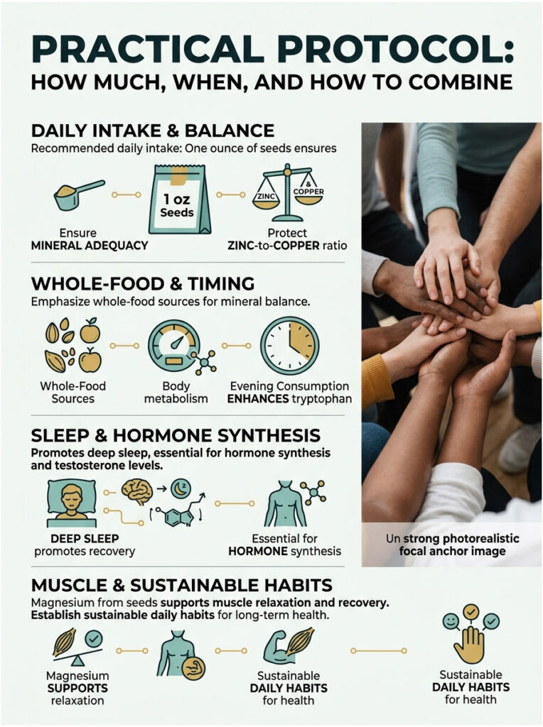 Infographic detailing practical protocol for daily intake, whole foods, sleep, and sustainable habits for health.