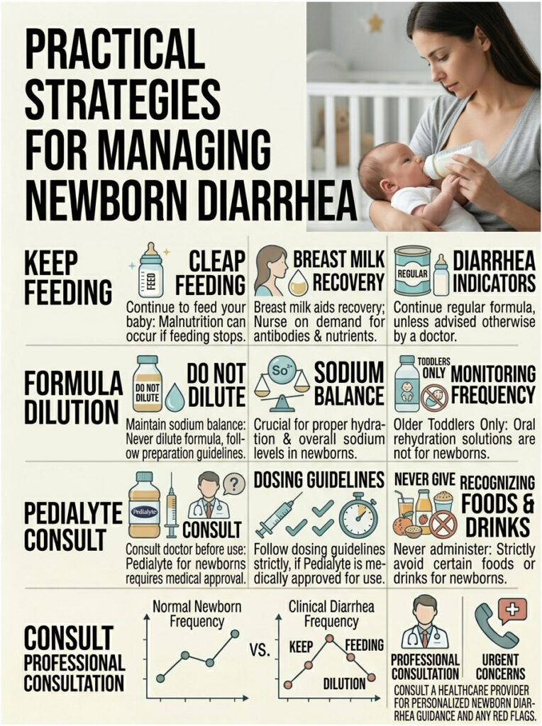 Infographic on managing newborn diarrhea with strategies, charts, and icons illustrating feeding and consultation tips.