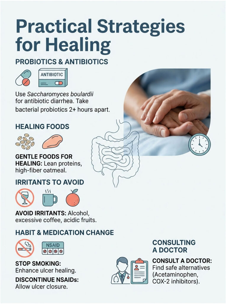 Infographic detailing practical strategies for healing, including probiotics, healing foods, and irritants to avoid.
