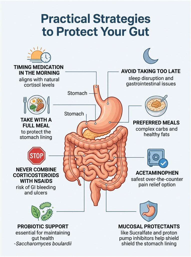 Infographic showing practical strategies to protect gut health with illustrations and text on medication timing, meals, and probiotics.