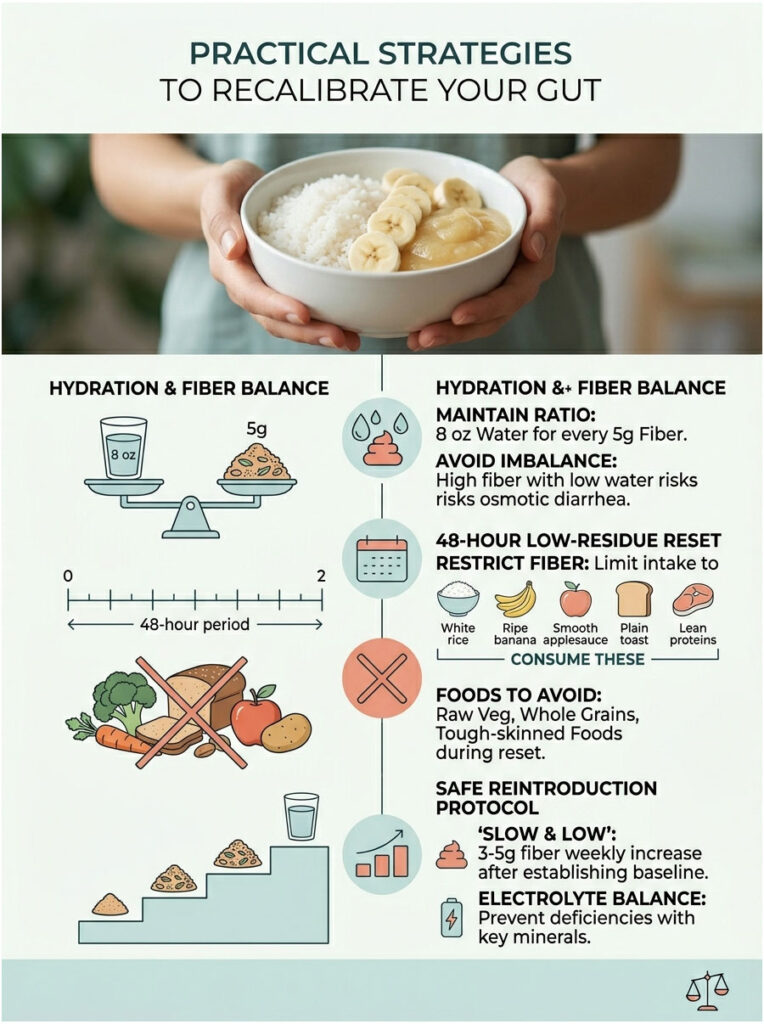 Infographic detailing gut recalibration strategies, including hydration, fiber balance, and food recommendations.
