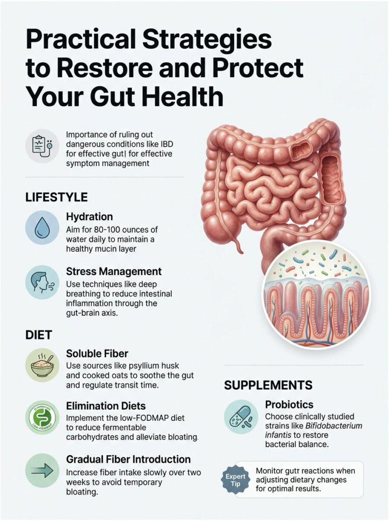 Infographic detailing strategies for gut health, including hydration, stress management, and probiotics.