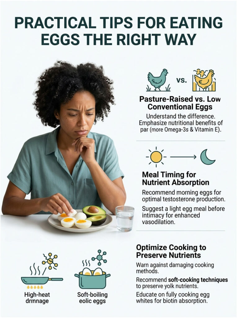Woman examines soft-boiled eggs and avocado, with tips on egg nutrition and cooking methods in infographic format.