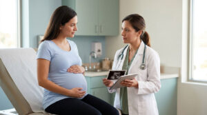 Pregnant woman in a blue shirt sits with a doctor discussing ultrasound results in a medical office.