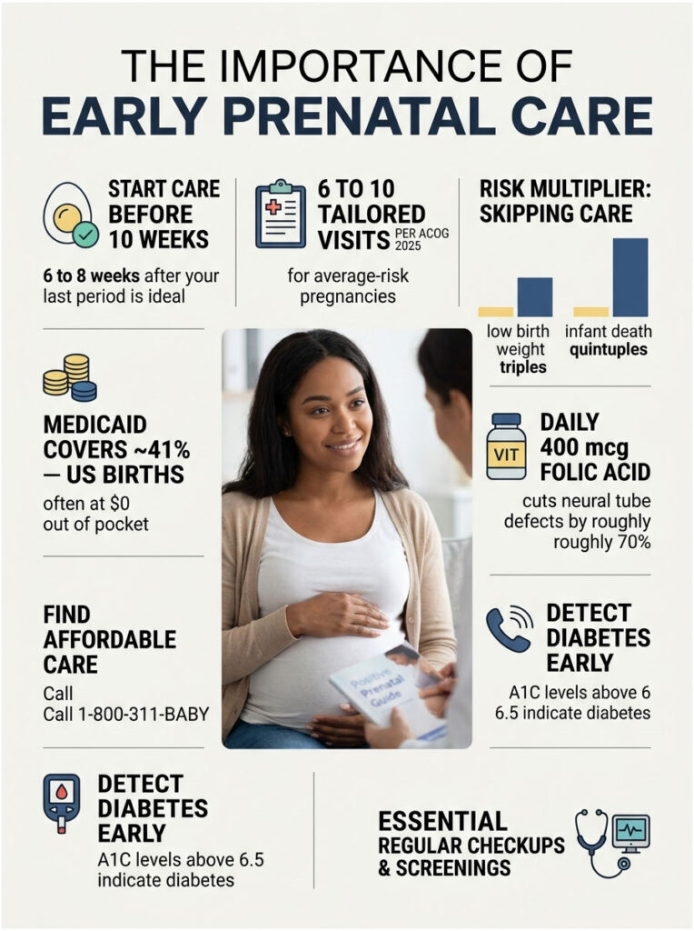 Infographic on early prenatal care highlighting key statistics and recommendations for expectant mothers.