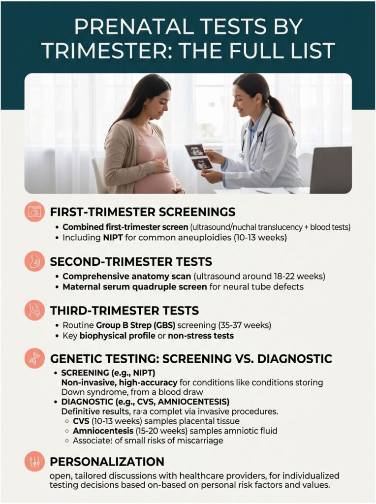Infographic detailing prenatal tests by trimester, including first, second, and third trimester screenings and genetic testing.