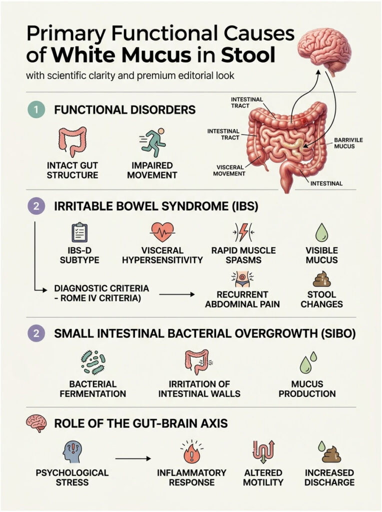 Infographic showing causes of white mucus in stool, including functional disorders and IBS with icons and text.