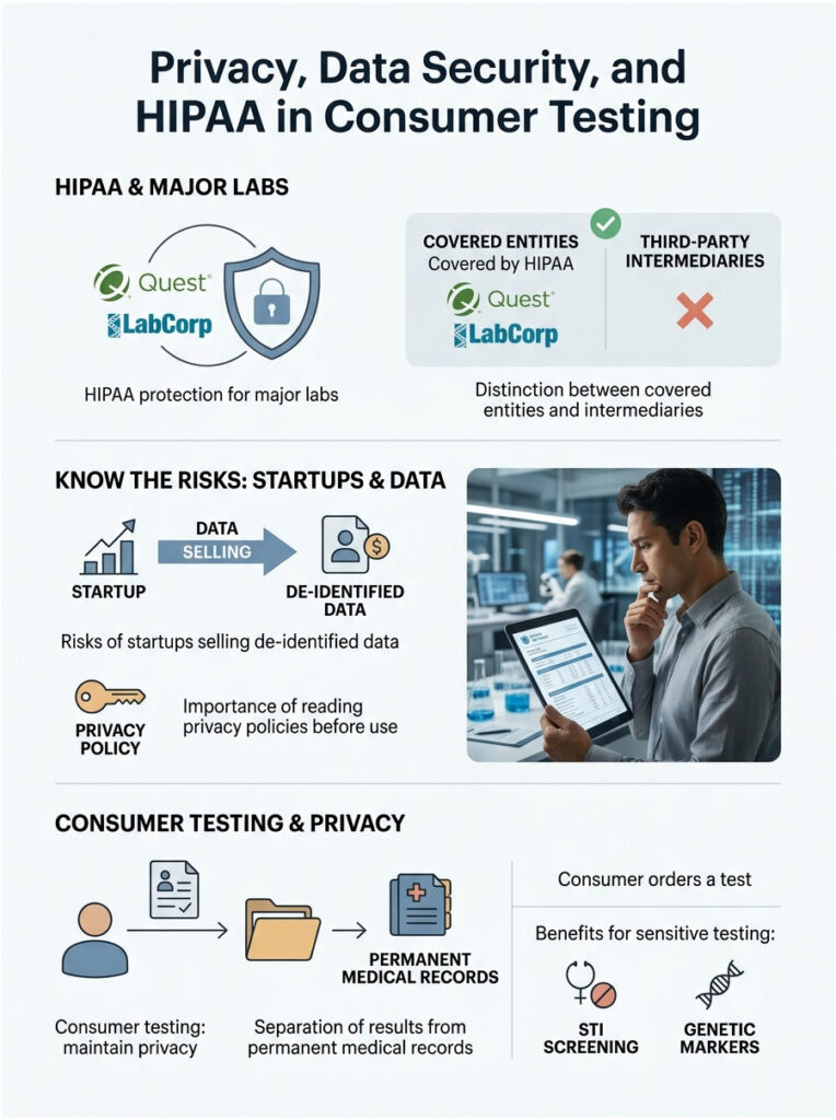 Infographic showing HIPAA, data security, and consumer testing with charts, icons, and a man using a tablet.
