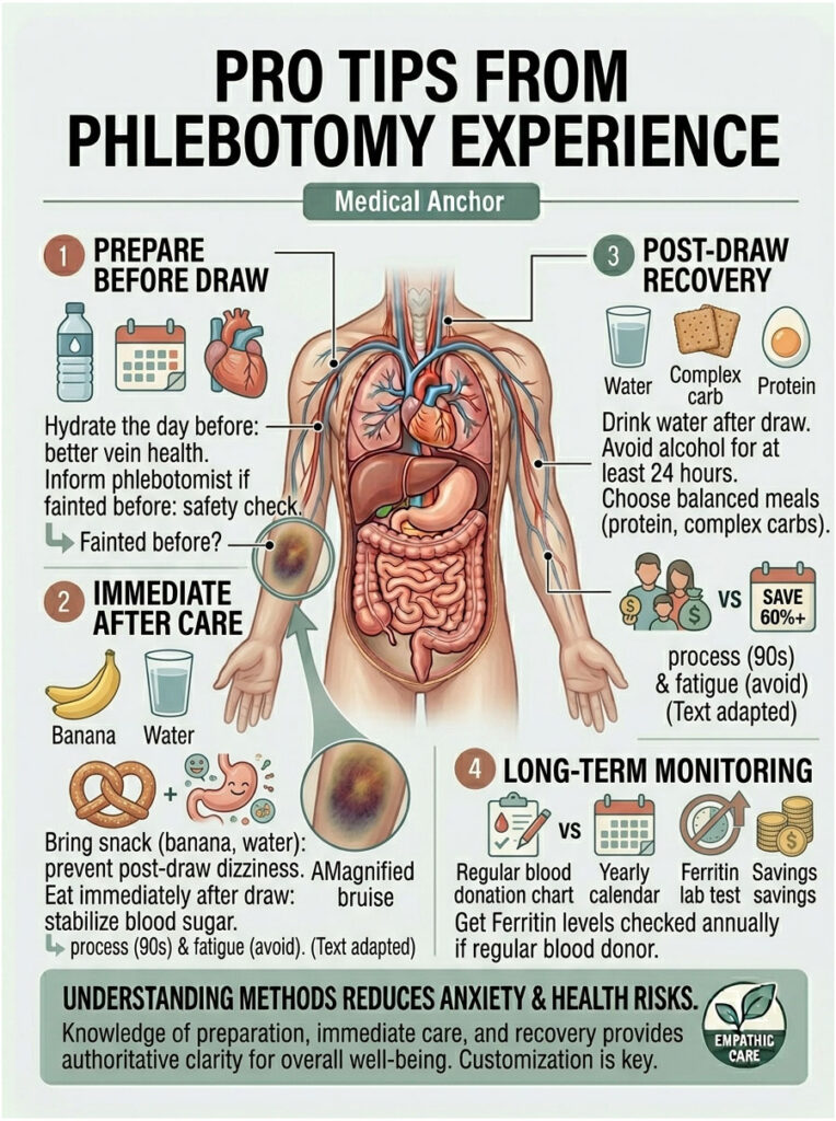 Infographic with tips for phlebotomy experience, including preparation, care, recovery, and monitoring steps.