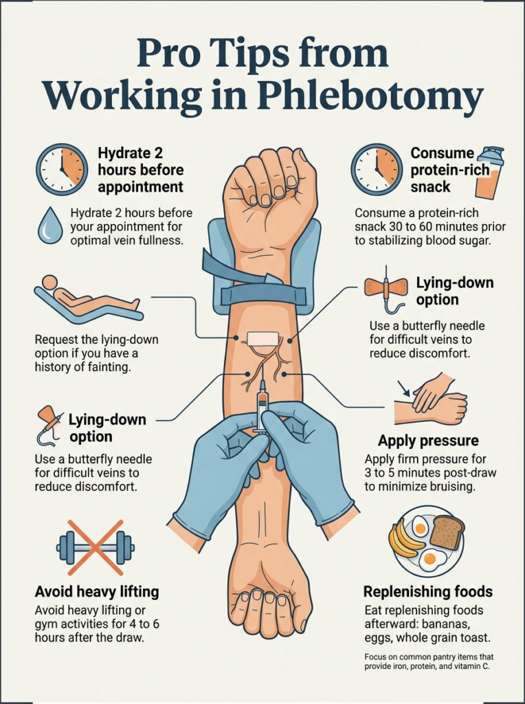 Infographic detailing tips for working in phlebotomy, including hydration, nutrition, and post-draw care.
