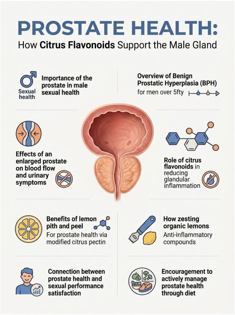 Infographic on prostate health highlighting citrus flavonoids, benefits of lemon, and BPH overview with icons and illustrations.