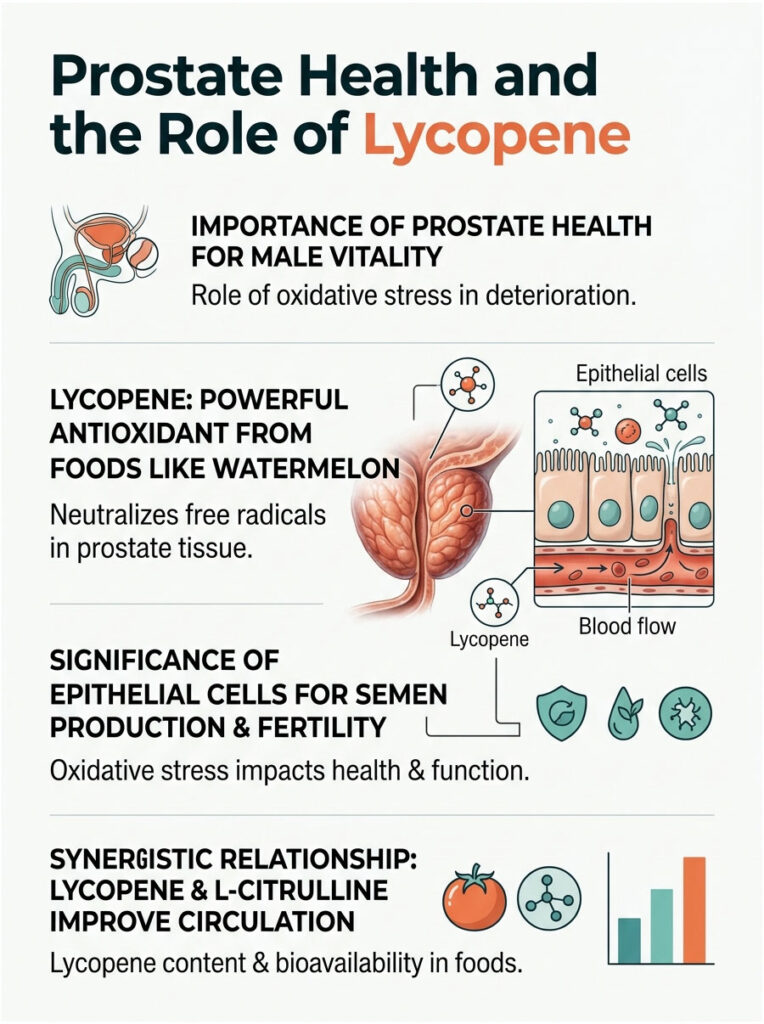 Infographic on prostate health, highlighting lycopene's role, benefits, and sources like watermelon.