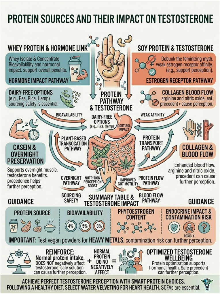 Infographic showing protein sources and their impact on testosterone, including pathways and bioavailability data.