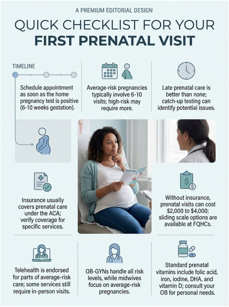 Infographic checklist for first prenatal visit with timeline, costs, and care details.