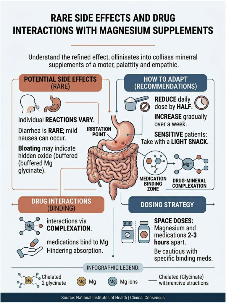 Infographic showing rare side effects and drug interactions with magnesium supplements, including charts and recommendations.