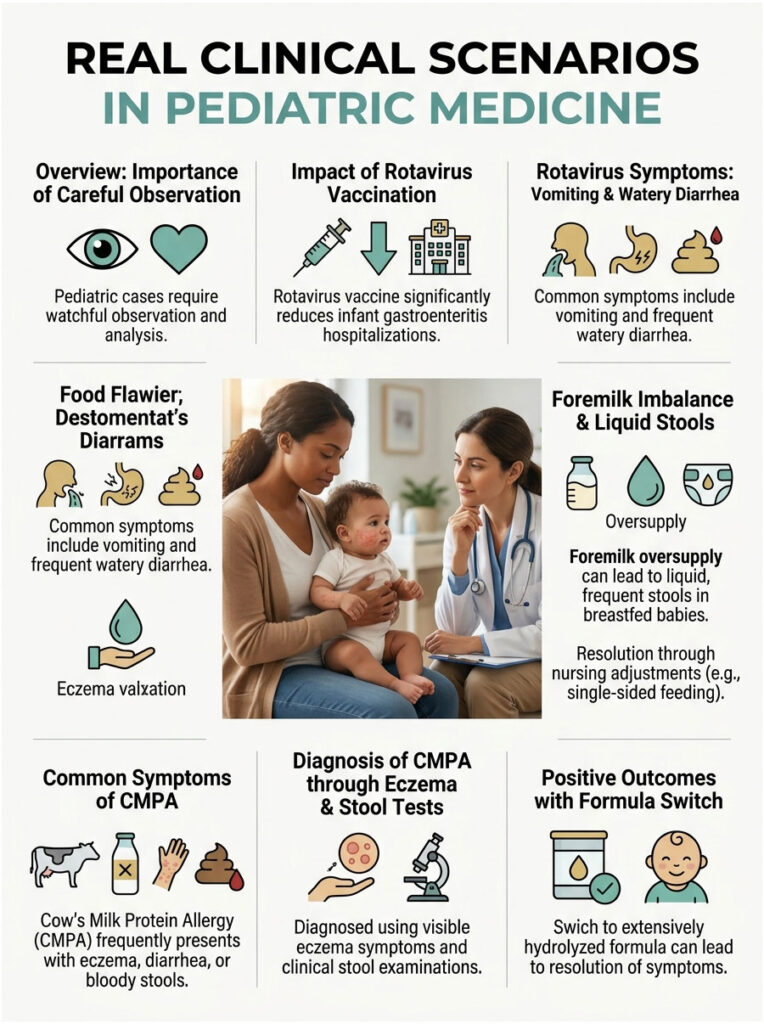 Infographic on pediatric medicine detailing rotavirus symptoms, CMPA diagnosis, and breastfeeding issues with illustrations.