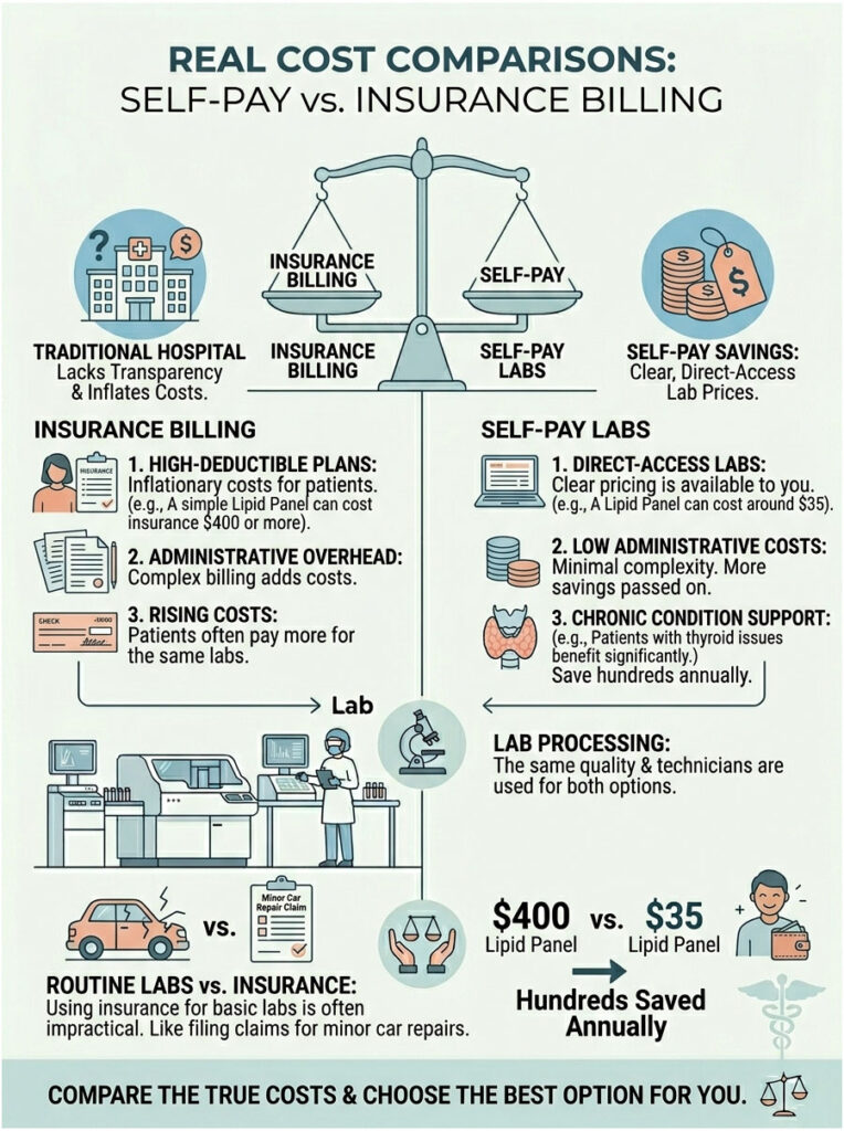 Infographic comparing self-pay and insurance billing costs for lab tests, highlighting savings and transparency.