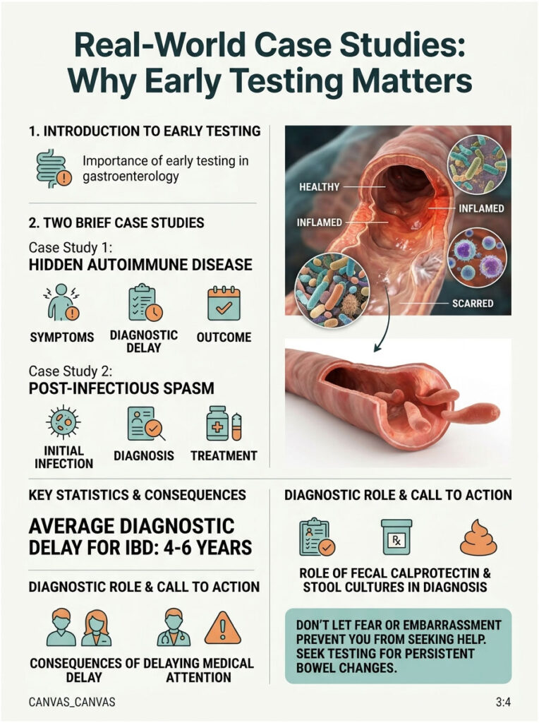 Infographic on early testing in gastroenterology with case studies, statistics, and illustrations of digestive health.