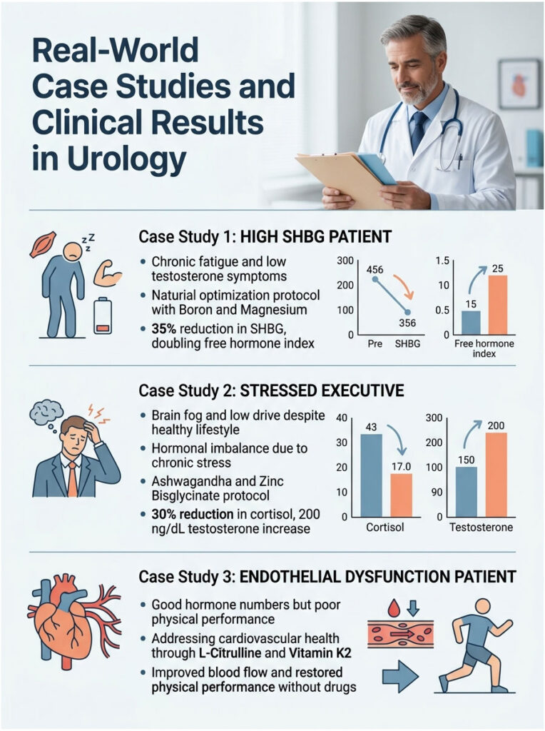 Infographic showing three urology case studies with charts on SHBG, cortisol, and testosterone levels.