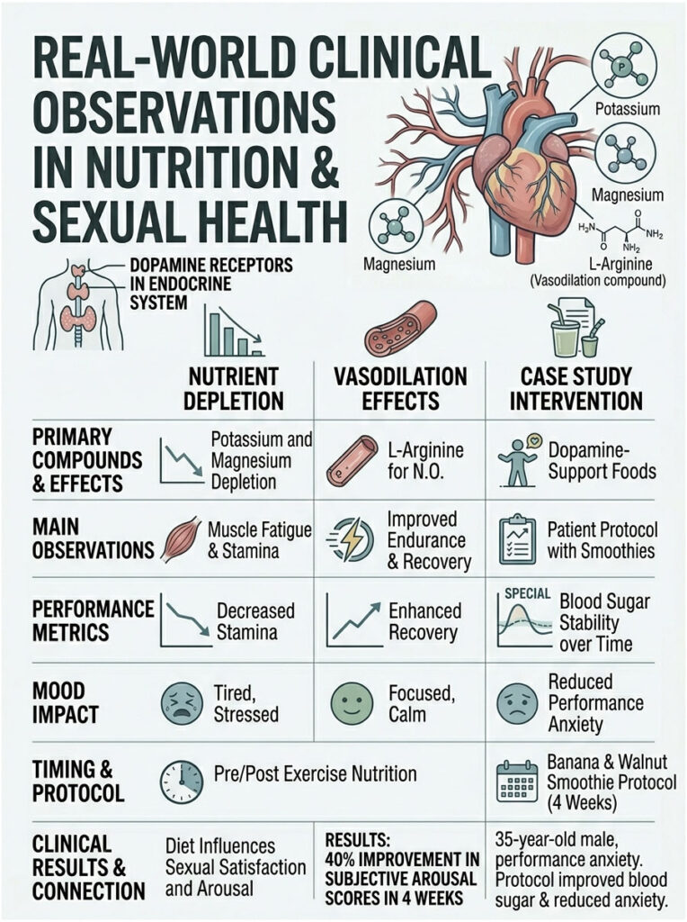 Infographic detailing clinical observations in nutrition and sexual health, featuring charts on nutrient depletion and performance metrics.