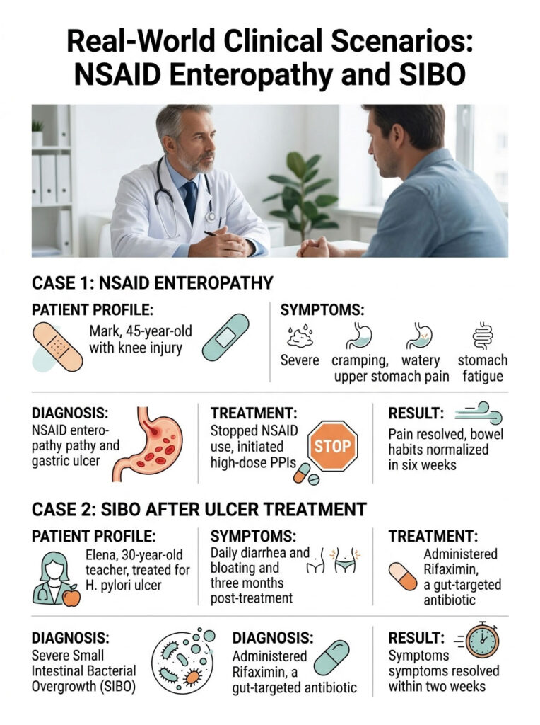 Infographic showing two clinical cases: NSAID enteropathy and SIBO, detailing patient profiles, symptoms, and treatments.