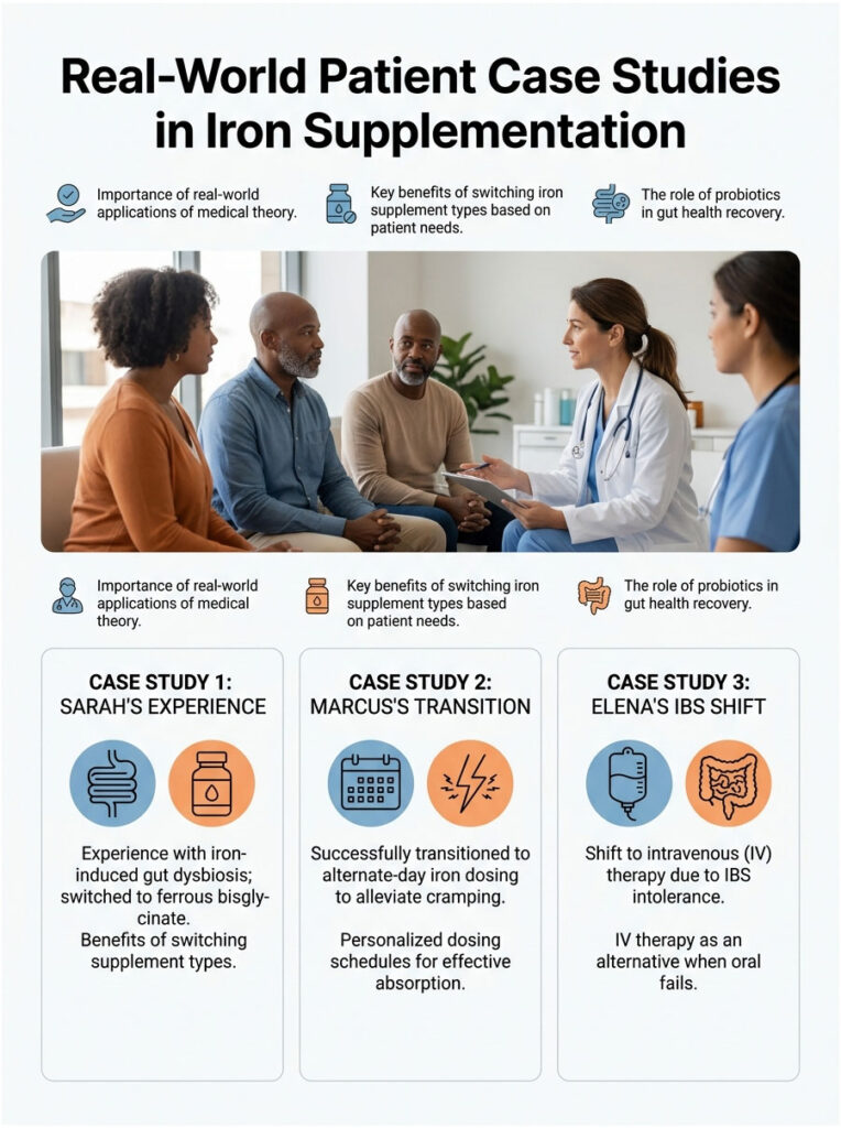 Infographic showing patient case studies in iron supplementation, featuring three case studies and key benefits of iron types.