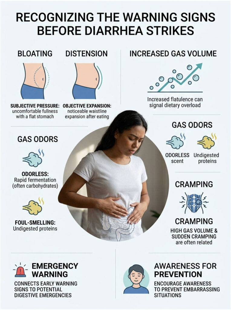 Infographic showing warning signs before diarrhea, including bloating, gas odors, and cramping with illustrations.