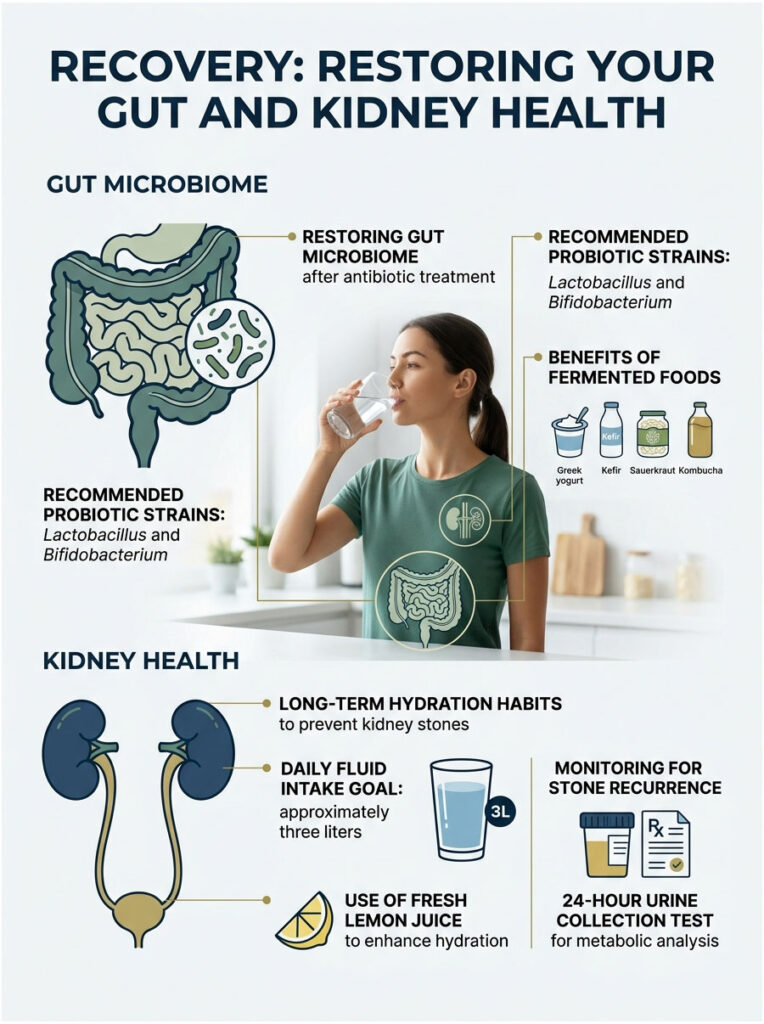 Infographic showing gut microbiome restoration and kidney health tips, including hydration and probiotic strains.