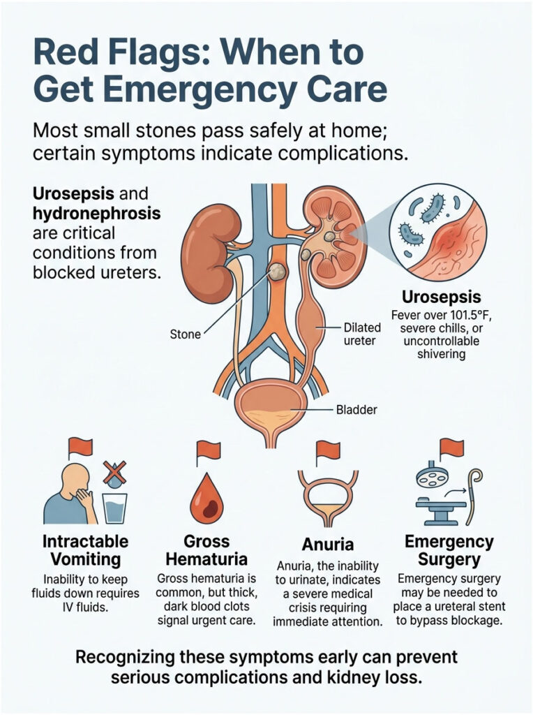Infographic showing red flags for emergency care, including symptoms like urosepsis and gross hematuria.