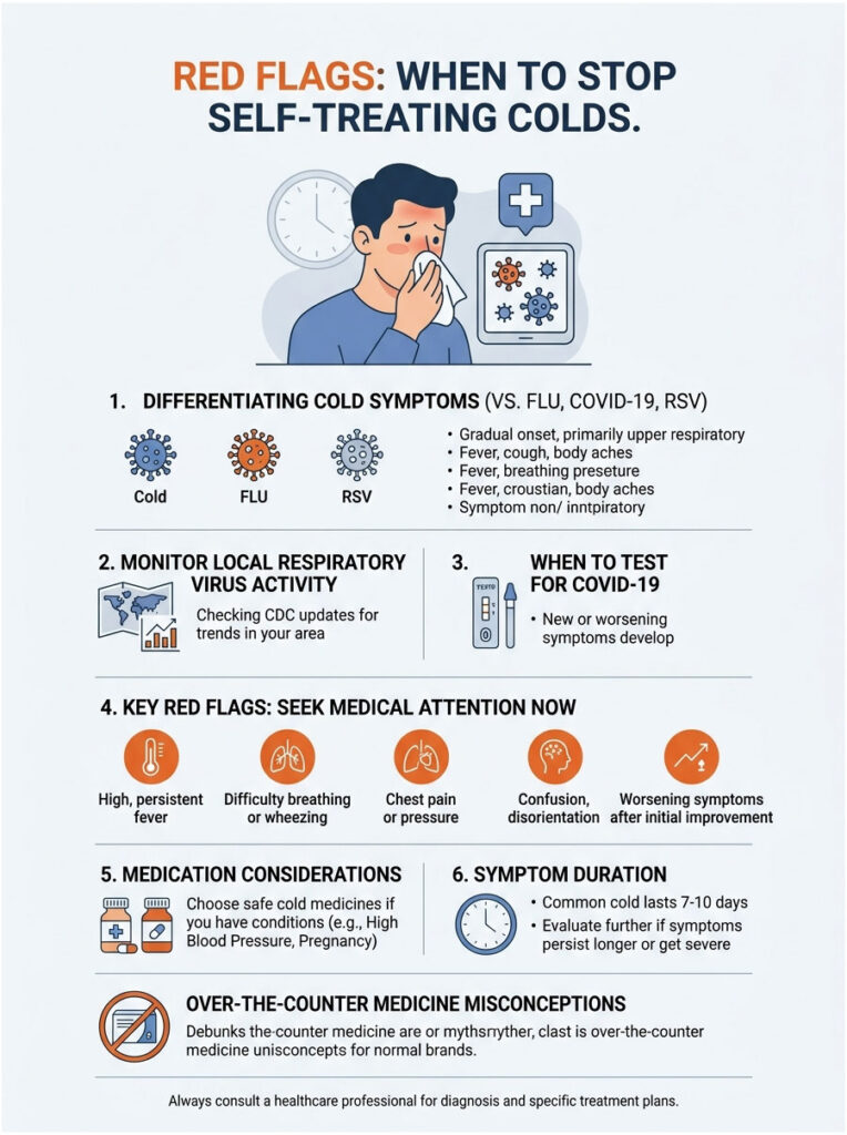 Infographic detailing red flags for self-treating colds, including symptoms, monitoring, and medical attention indicators.