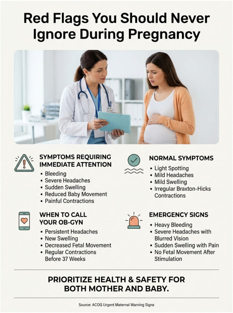 Infographic detailing pregnancy red flags, including symptoms requiring attention and emergency signs.