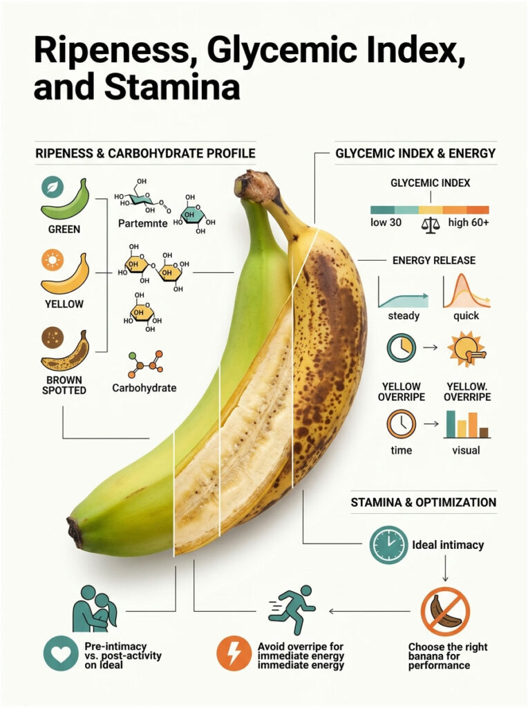 Infographic showing banana ripeness, glycemic index, energy release, and stamina optimization with illustrations and data.