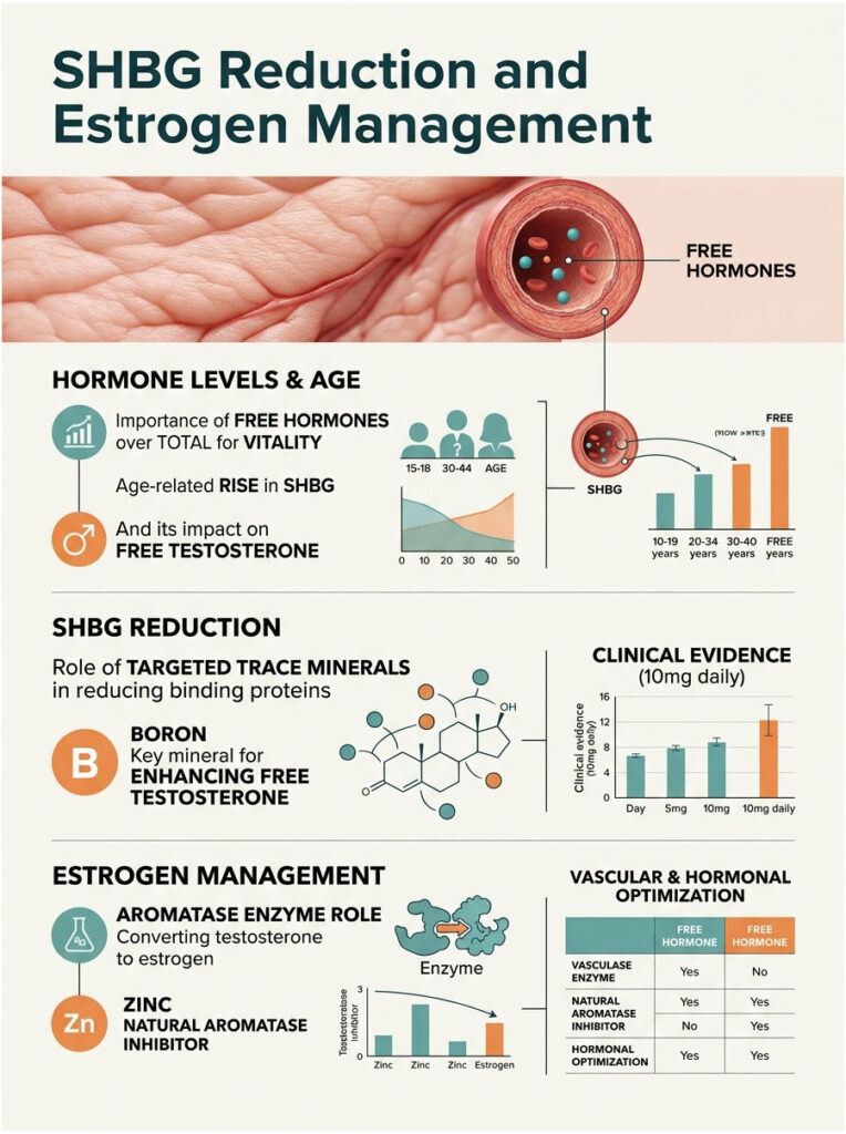 Infographic showing SHBG reduction and estrogen management, with charts on hormone levels, minerals, and clinical evidence.