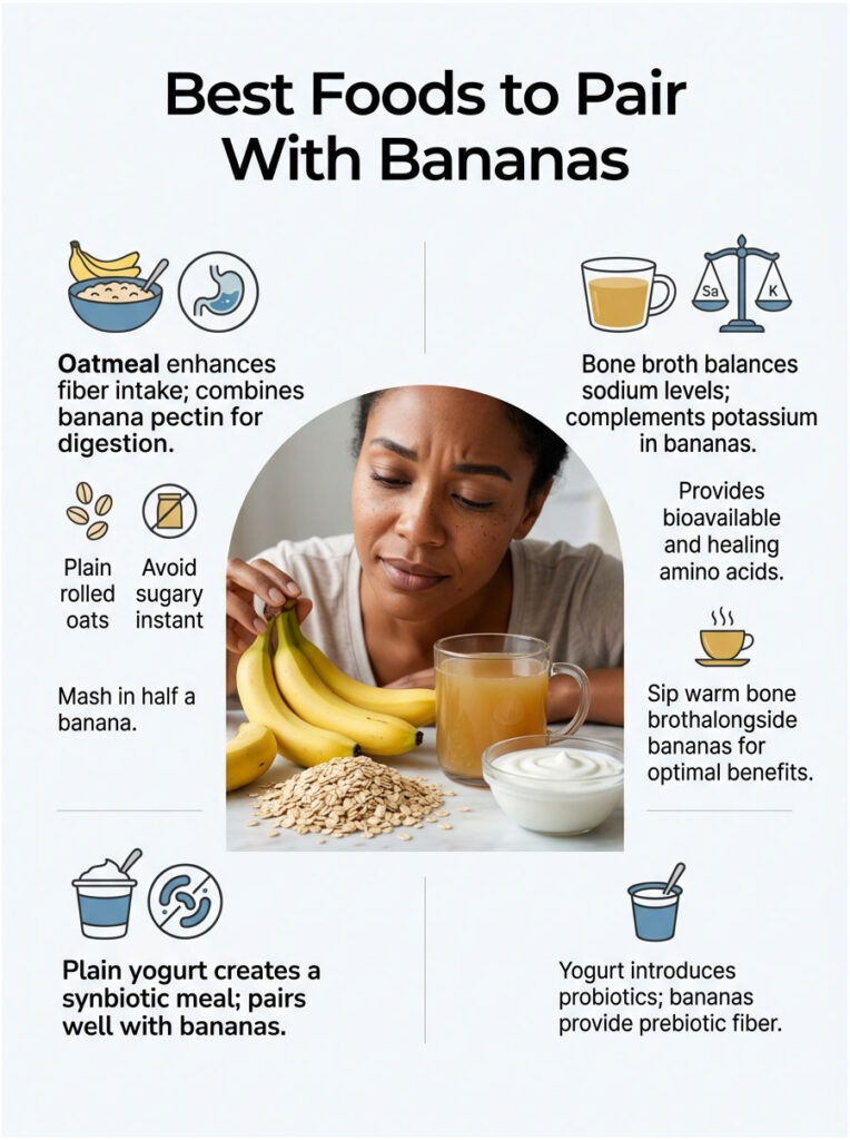 Infographic showing foods to pair with bananas, featuring oatmeal, bone broth, and yogurt with illustrations.