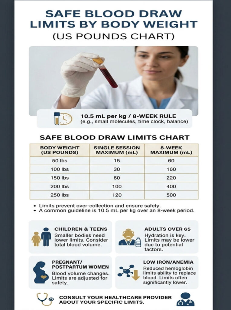 Infographic showing safe blood draw limits by body weight with a chart and guidelines for different demographics.