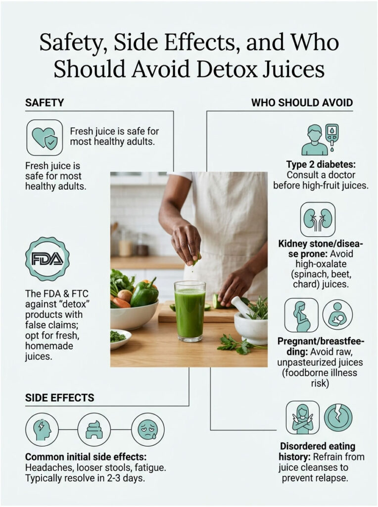 Infographic detailing safety, side effects, and groups avoiding detox juices with icons and text sections.