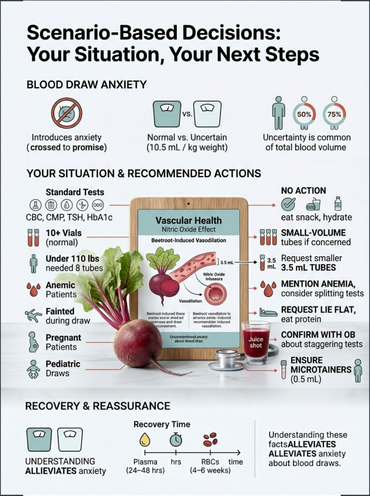 Infographic on blood draw anxiety, showing recommended actions, recovery time, and statistics on patient situations.