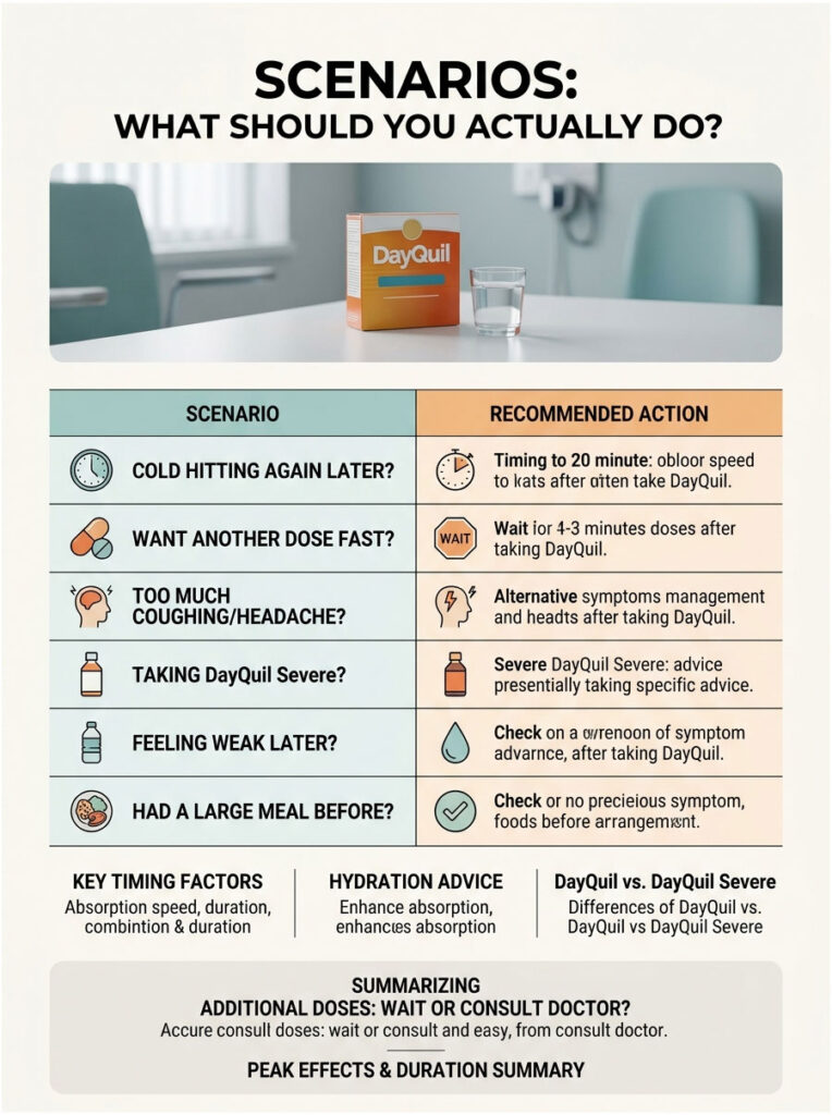 Infographic detailing scenarios and recommended actions for using DayQuil, including timing and hydration advice.
