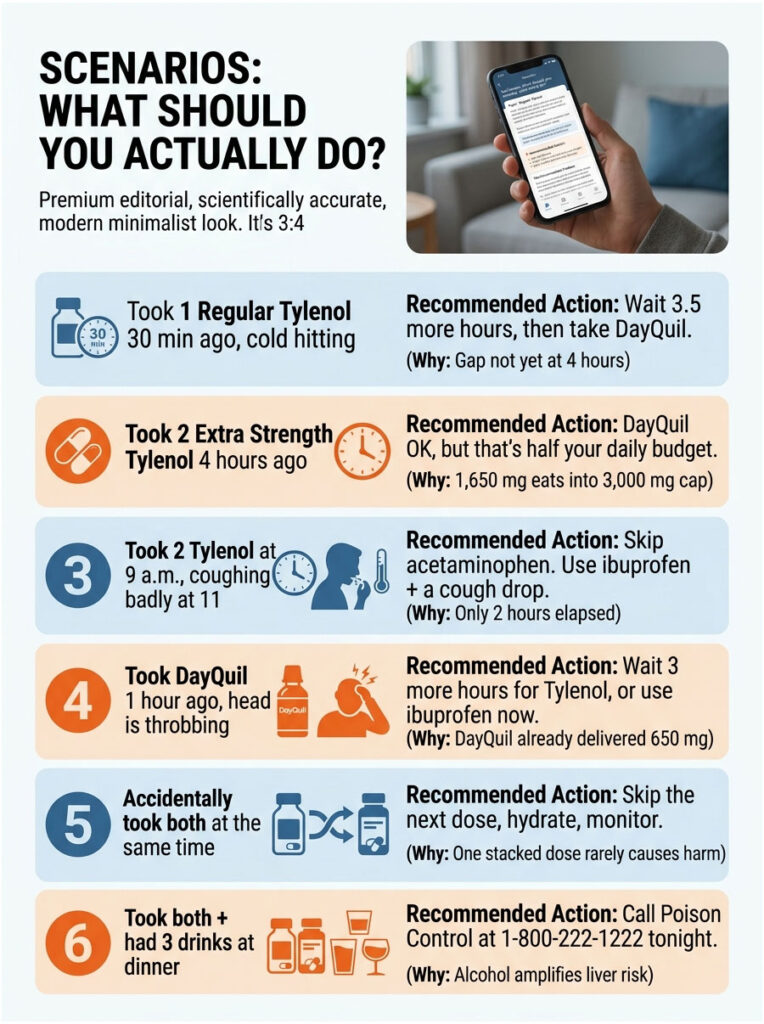 Infographic detailing scenarios for taking Tylenol and DayQuil, including recommended actions and reasons for each case.