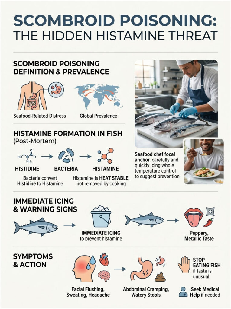 Infographic detailing scombroid poisoning, including symptoms, prevention, and histamine formation in fish.