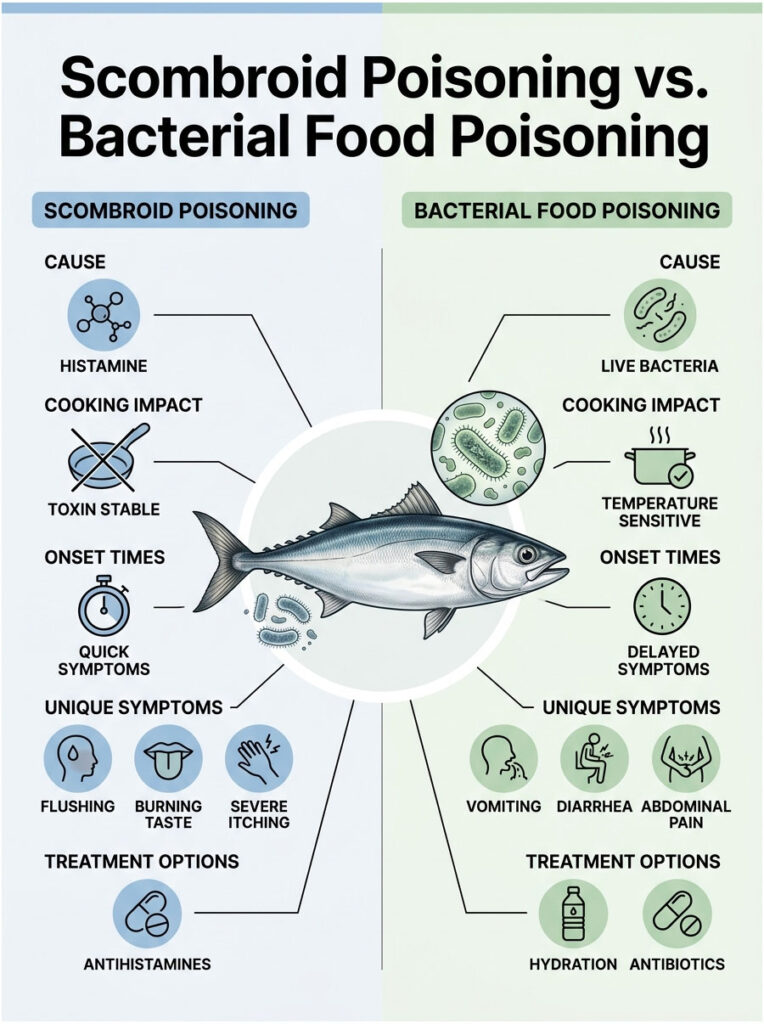 Infographic comparing Scombroid Poisoning and Bacterial Food Poisoning with causes, symptoms, and treatments.
