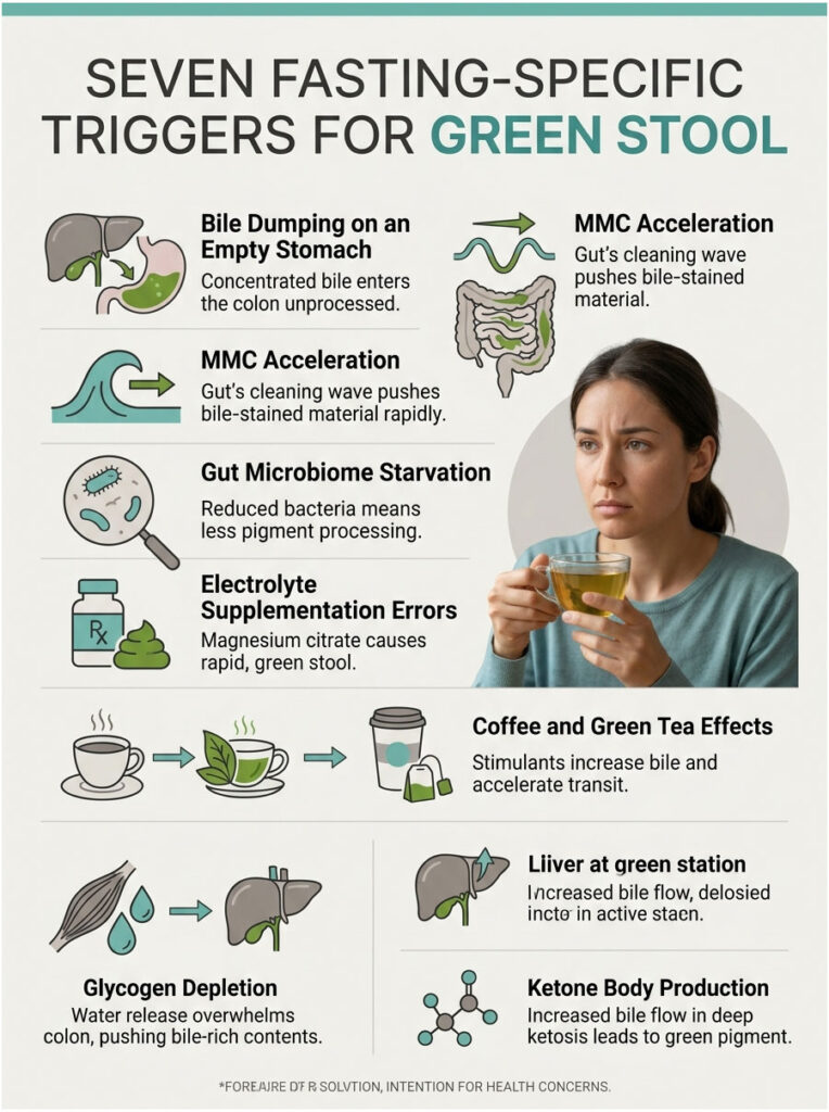 Infographic detailing seven fasting-specific triggers for green stool, including bile dumping and gut microbiome starvation.