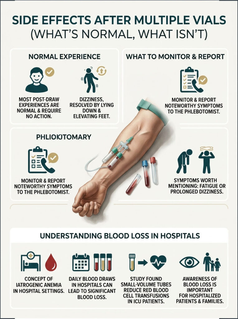 Infographic showing side effects after multiple vials, including normal experiences and monitoring symptoms.
