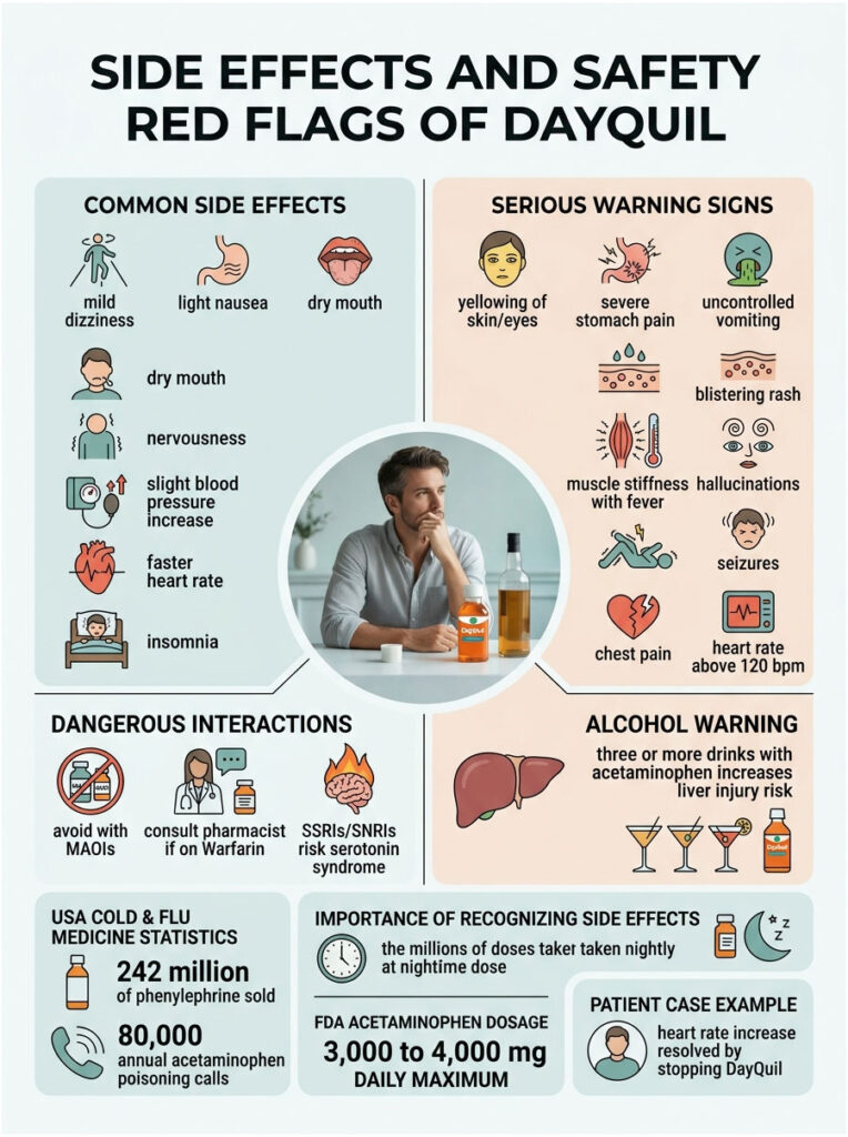 Infographic detailing DayQuil side effects, warning signs, interactions, and statistics with icons and illustrations.