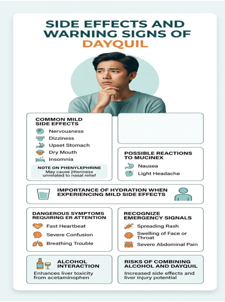 Infographic detailing side effects and warning signs of DayQuil, including common symptoms and emergency signals.