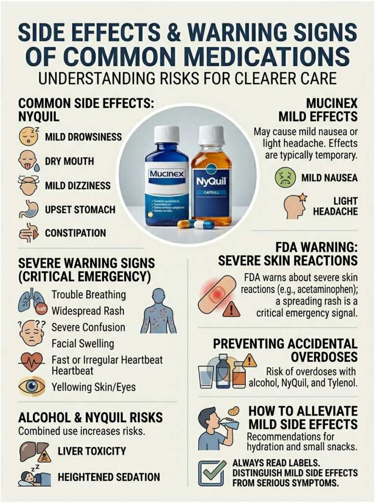 Infographic showing side effects and warnings for NyQuil and Mucinex, including common and severe symptoms.