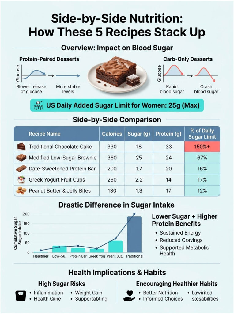 Infographic comparing nutrition of five dessert recipes, highlighting sugar and protein content, and health implications.