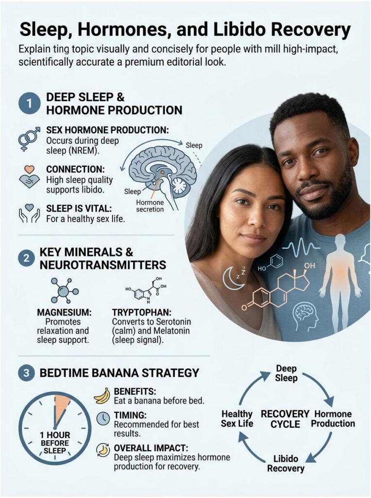 Infographic explaining sleep, hormones, and libido recovery with charts on hormone production and bedtime strategies.