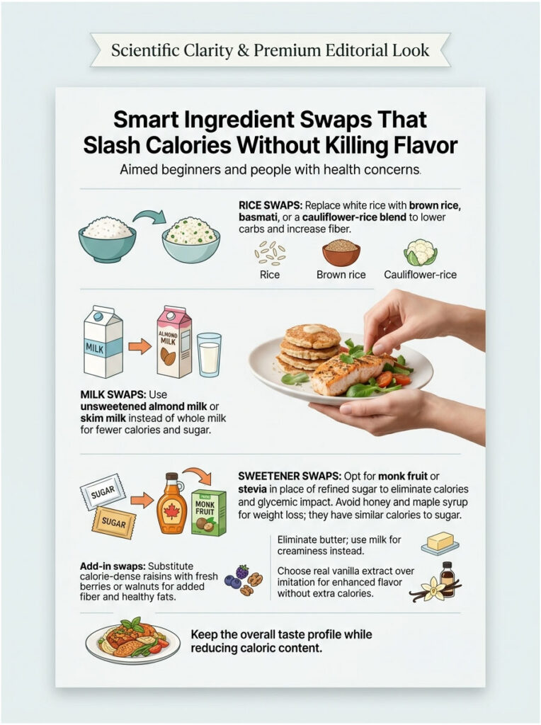 Infographic showing ingredient swaps to reduce calories, featuring rice, milk, sweeteners, and add-ins.